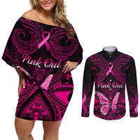 personalised-pink-out-couples-matching-off-shoulder-short-dress-and-long-sleeve-button-shirts-breast-cancer-awareness-polynesian-pattern-black-version