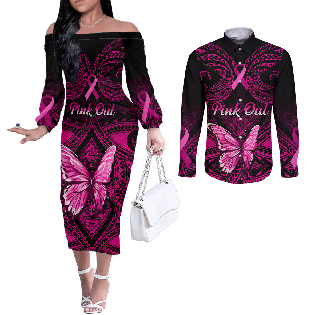 Personalised Pink Out Couples Matching Off The Shoulder Long Sleeve Dress and Long Sleeve Button Shirts Breast Cancer Awareness Polynesian Pattern Black Version LT01 Black - Polynesian Pride