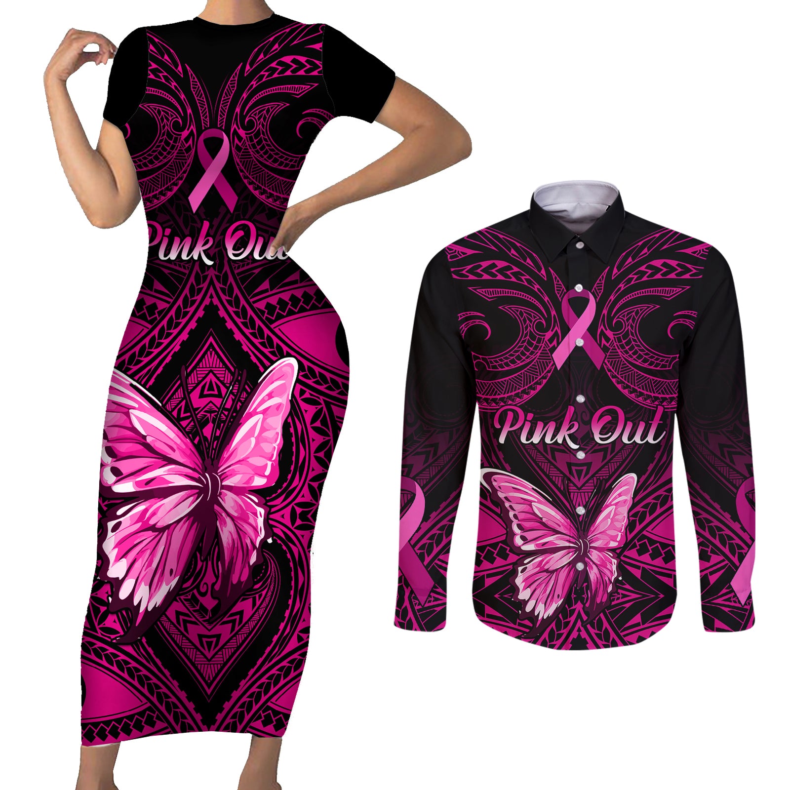 Personalised Pink Out Couples Matching Short Sleeve Bodycon Dress and Long Sleeve Button Shirts Breast Cancer Awareness Polynesian Pattern Black Version LT01 Black - Polynesian Pride