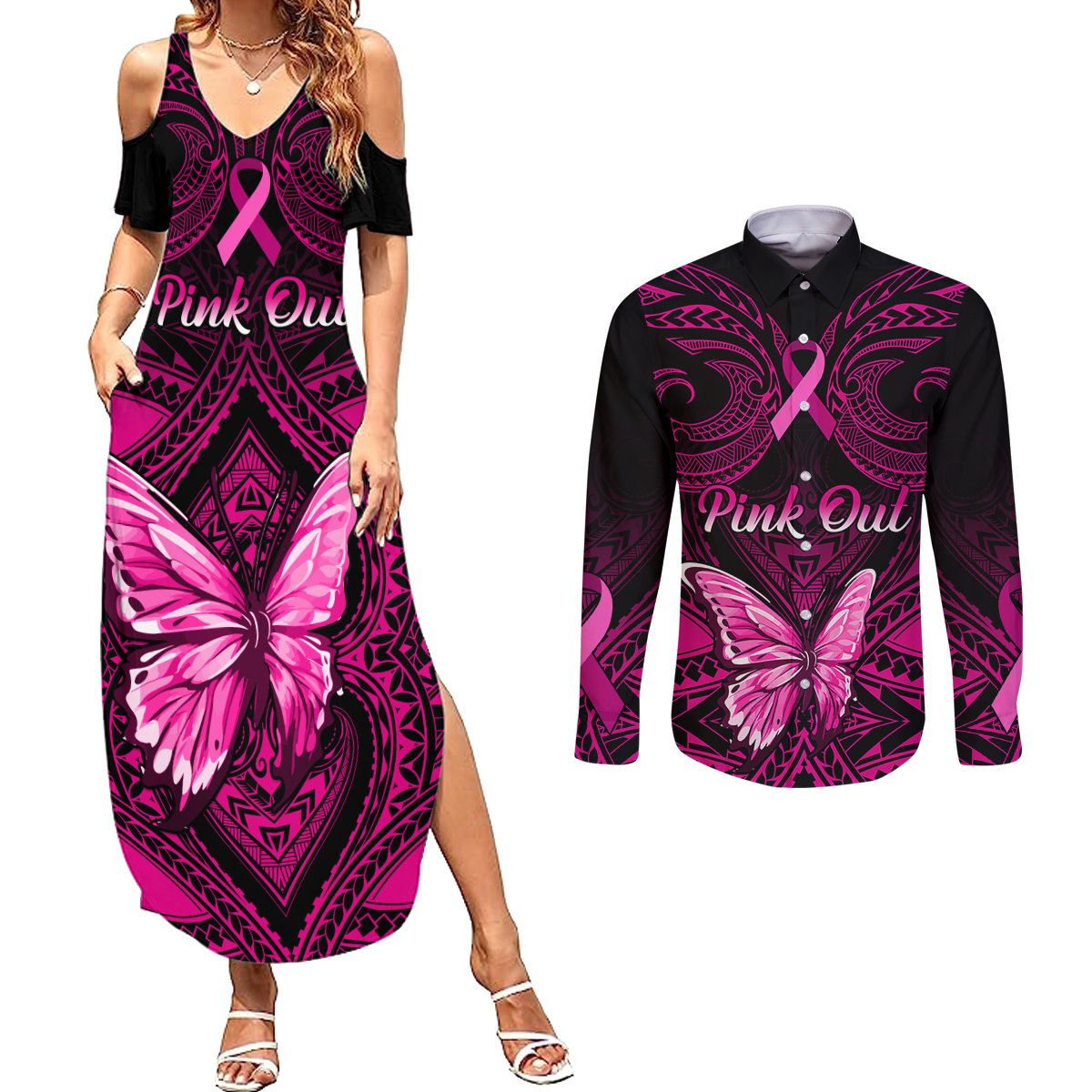Personalised Pink Out Couples Matching Summer Maxi Dress and Long Sleeve Button Shirts Breast Cancer Awareness Polynesian Pattern Black Version LT01 Black - Polynesian Pride