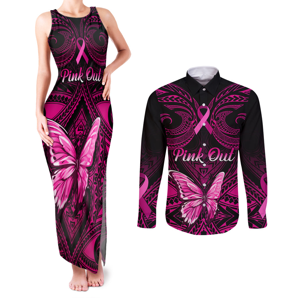 Personalised Pink Out Couples Matching Tank Maxi Dress and Long Sleeve Button Shirts Breast Cancer Awareness Polynesian Pattern Black Version LT01 Black - Polynesian Pride