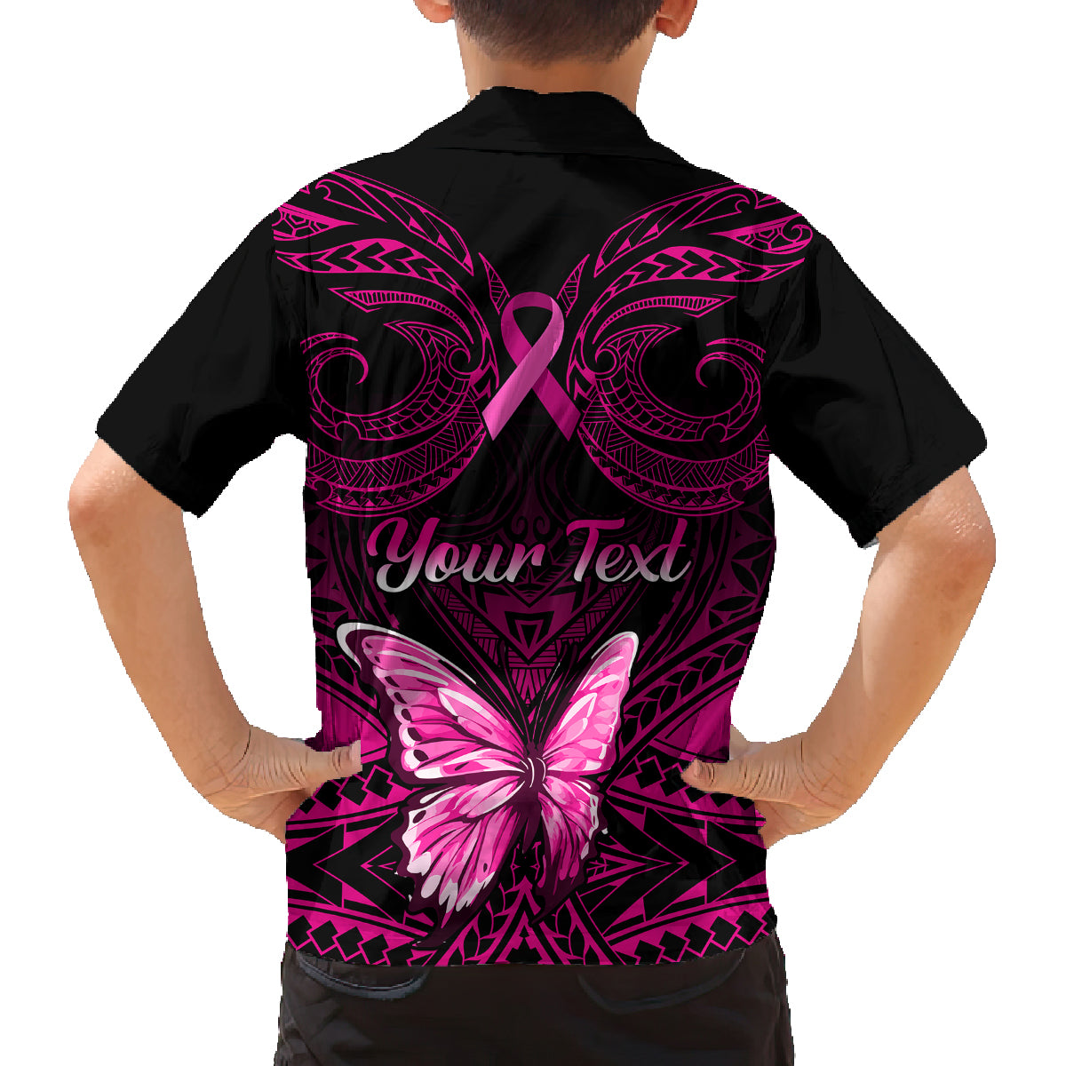 personalised-pink-out-family-matching-off-shoulder-short-dress-and-hawaiian-shirt-breast-cancer-awareness-polynesian-pattern-black-version