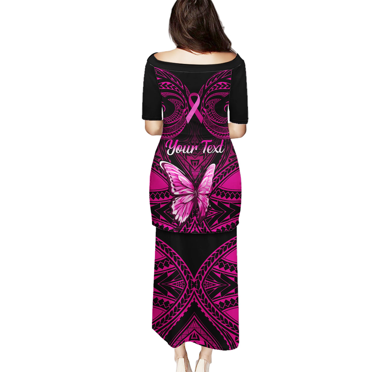 Personalised Pink Out Family Matching Puletasi Dress and Hawaiian Shirt Breast Cancer Awareness Polynesian Pattern Black Version LT01 - Polynesian Pride