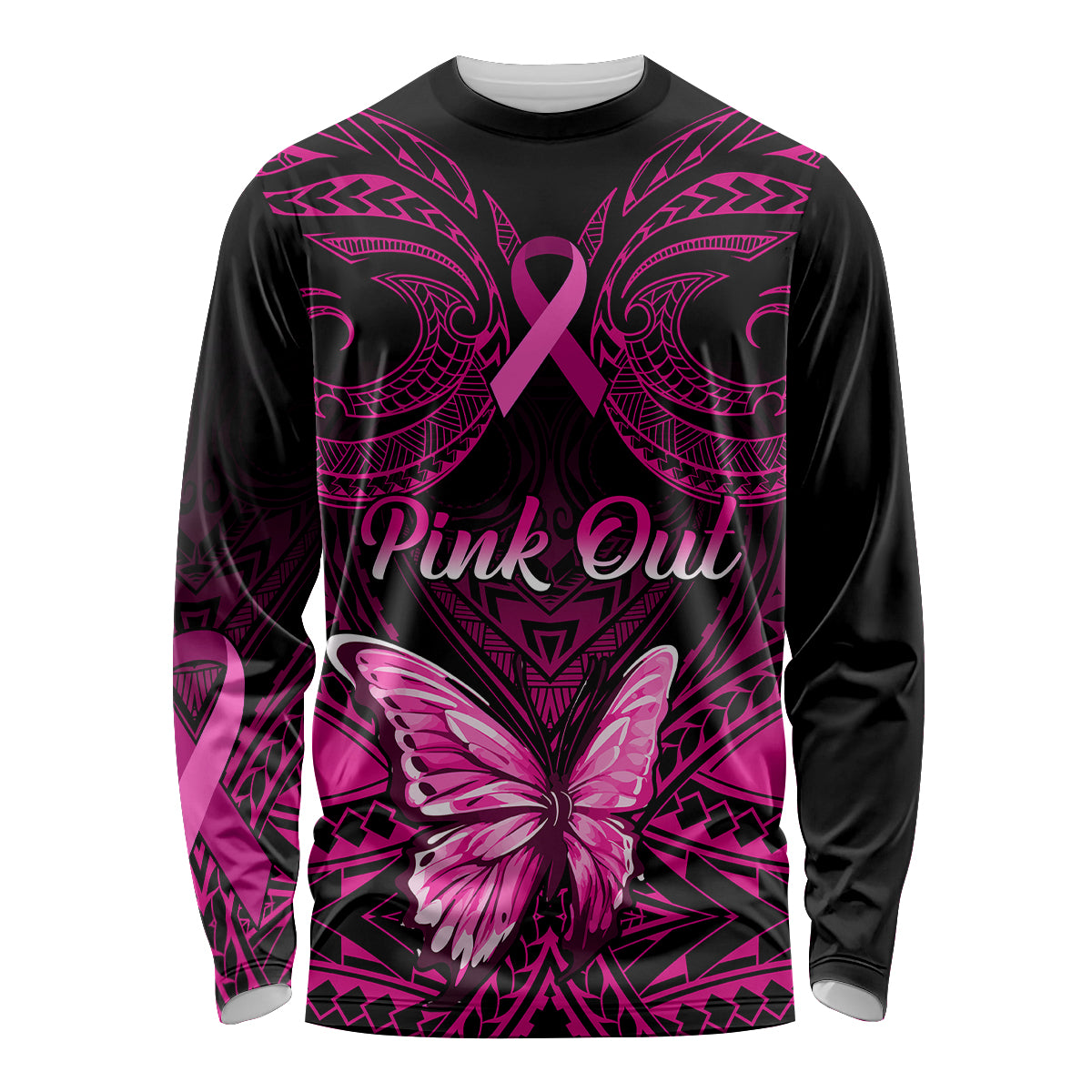 Personalised Pink Out Long Sleeve Shirt Breast Cancer Awareness Polynesian Pattern Black Version LT01 Unisex Black - Polynesian Pride
