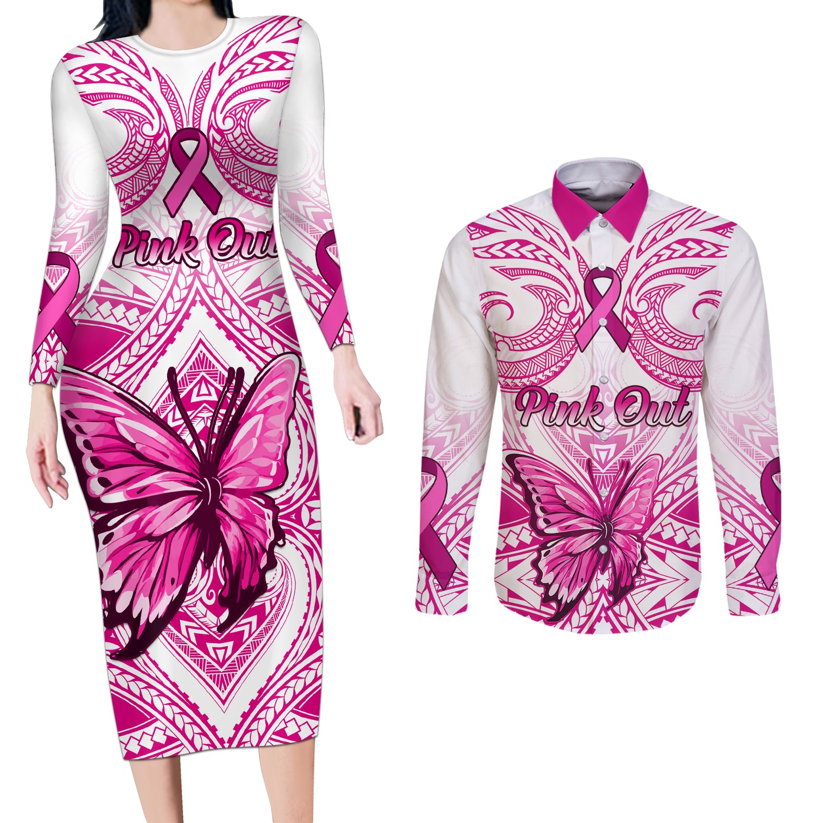 Personalised Pink Out Couples Matching Long Sleeve Bodycon Dress and Long Sleeve Button Shirts Breast Cancer Awareness Polynesian Pattern White Version LT01 White - Polynesian Pride