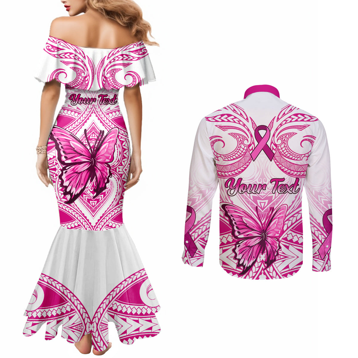 personalised-pink-out-couples-matching-mermaid-dress-and-long-sleeve-button-shirts-breast-cancer-awareness-polynesian-pattern-white-version