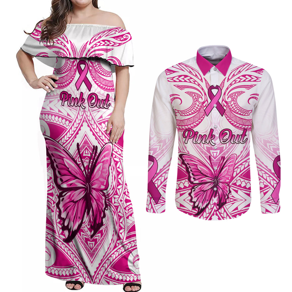 Personalised Pink Out Couples Matching Off Shoulder Maxi Dress and Long Sleeve Button Shirts Breast Cancer Awareness Polynesian Pattern White Version LT01 White - Polynesian Pride
