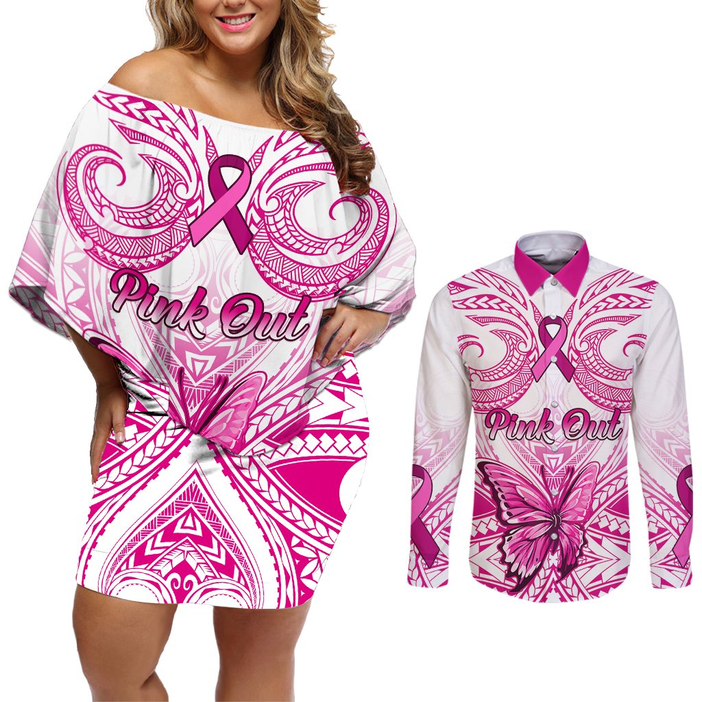 Personalised Pink Out Couples Matching Off Shoulder Short Dress and Long Sleeve Button Shirts Breast Cancer Awareness Polynesian Pattern White Version LT01 White - Polynesian Pride