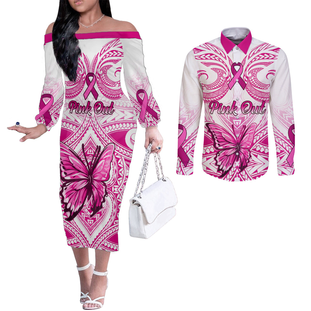 Personalised Pink Out Couples Matching Off The Shoulder Long Sleeve Dress and Long Sleeve Button Shirts Breast Cancer Awareness Polynesian Pattern White Version LT01 White - Polynesian Pride