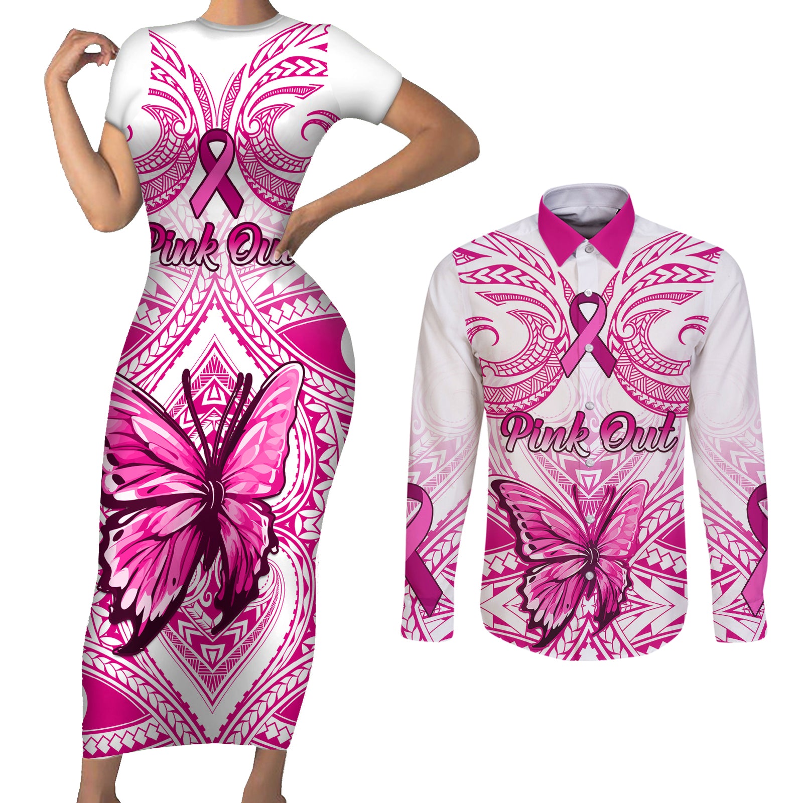 Personalised Pink Out Couples Matching Short Sleeve Bodycon Dress and Long Sleeve Button Shirts Breast Cancer Awareness Polynesian Pattern White Version LT01 White - Polynesian Pride
