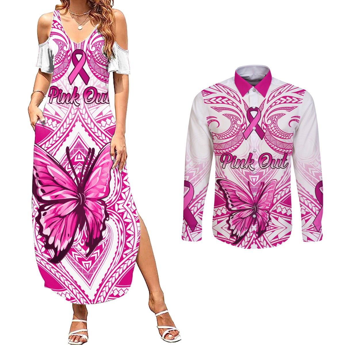 Personalised Pink Out Couples Matching Summer Maxi Dress and Long Sleeve Button Shirts Breast Cancer Awareness Polynesian Pattern White Version LT01 White - Polynesian Pride