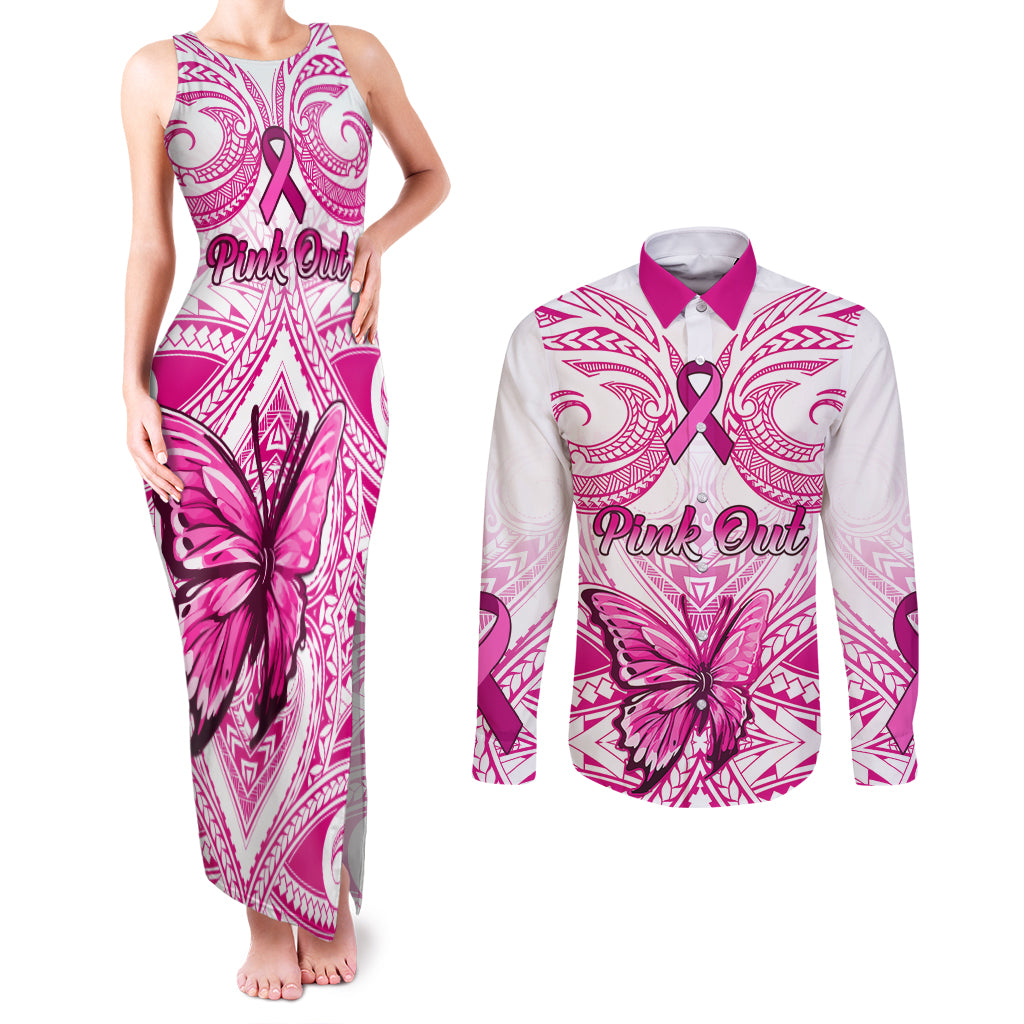Personalised Pink Out Couples Matching Tank Maxi Dress and Long Sleeve Button Shirts Breast Cancer Awareness Polynesian Pattern White Version LT01 White - Polynesian Pride