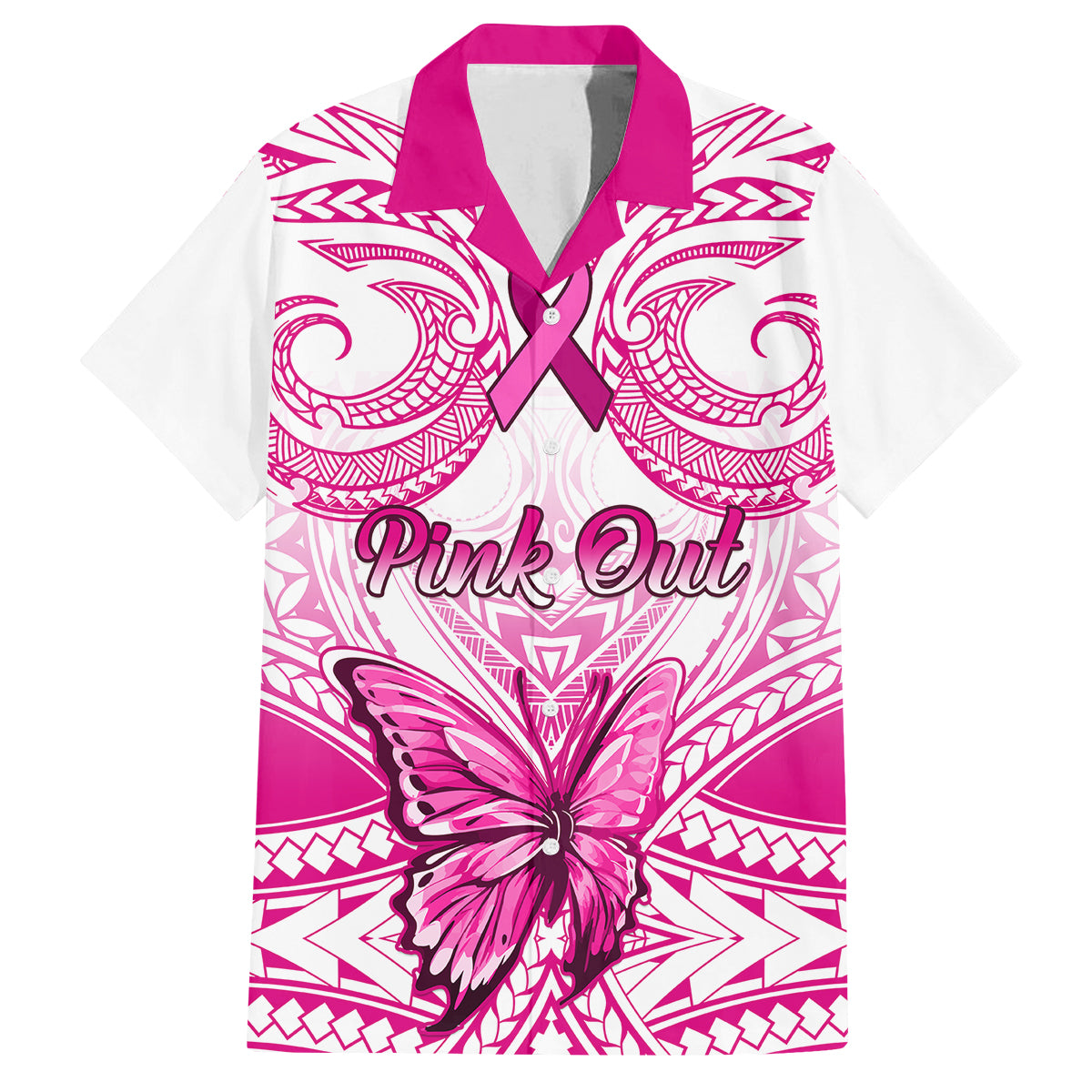 Personalised Pink Out Family Matching Puletasi Dress and Hawaiian Shirt Breast Cancer Awareness Polynesian Pattern White Version LT01 Dad's Shirt - Short Sleeve White - Polynesian Pride