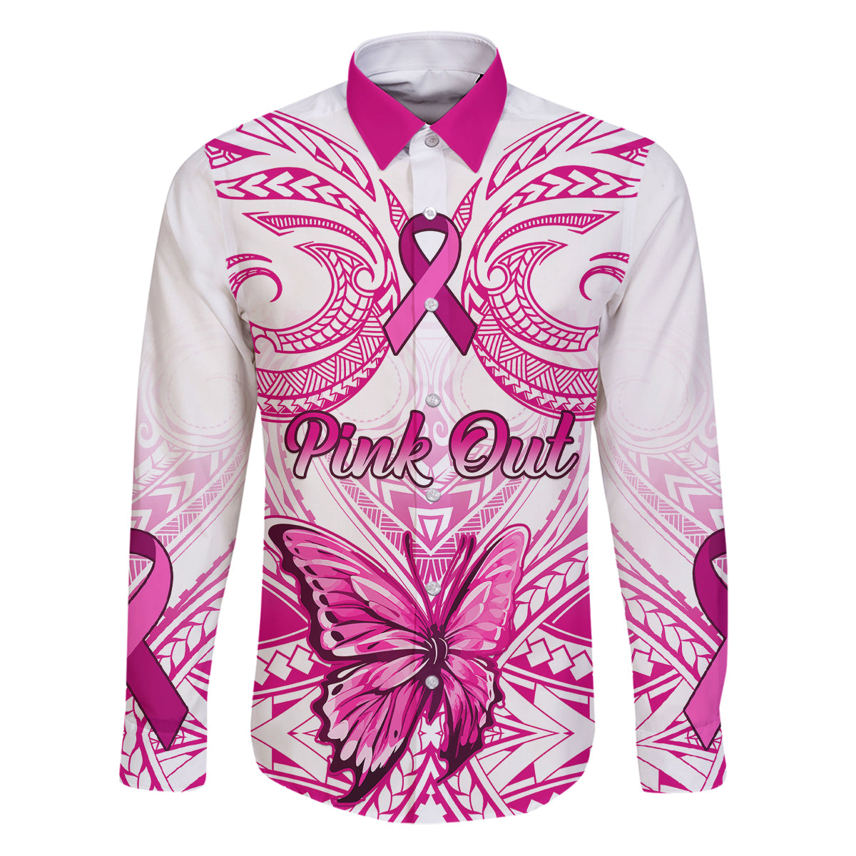 Personalised Pink Out Family Matching Puletasi Dress and Hawaiian Shirt Breast Cancer Awareness Polynesian Pattern White Version LT01 Dad's Shirt - Long Sleeve White - Polynesian Pride