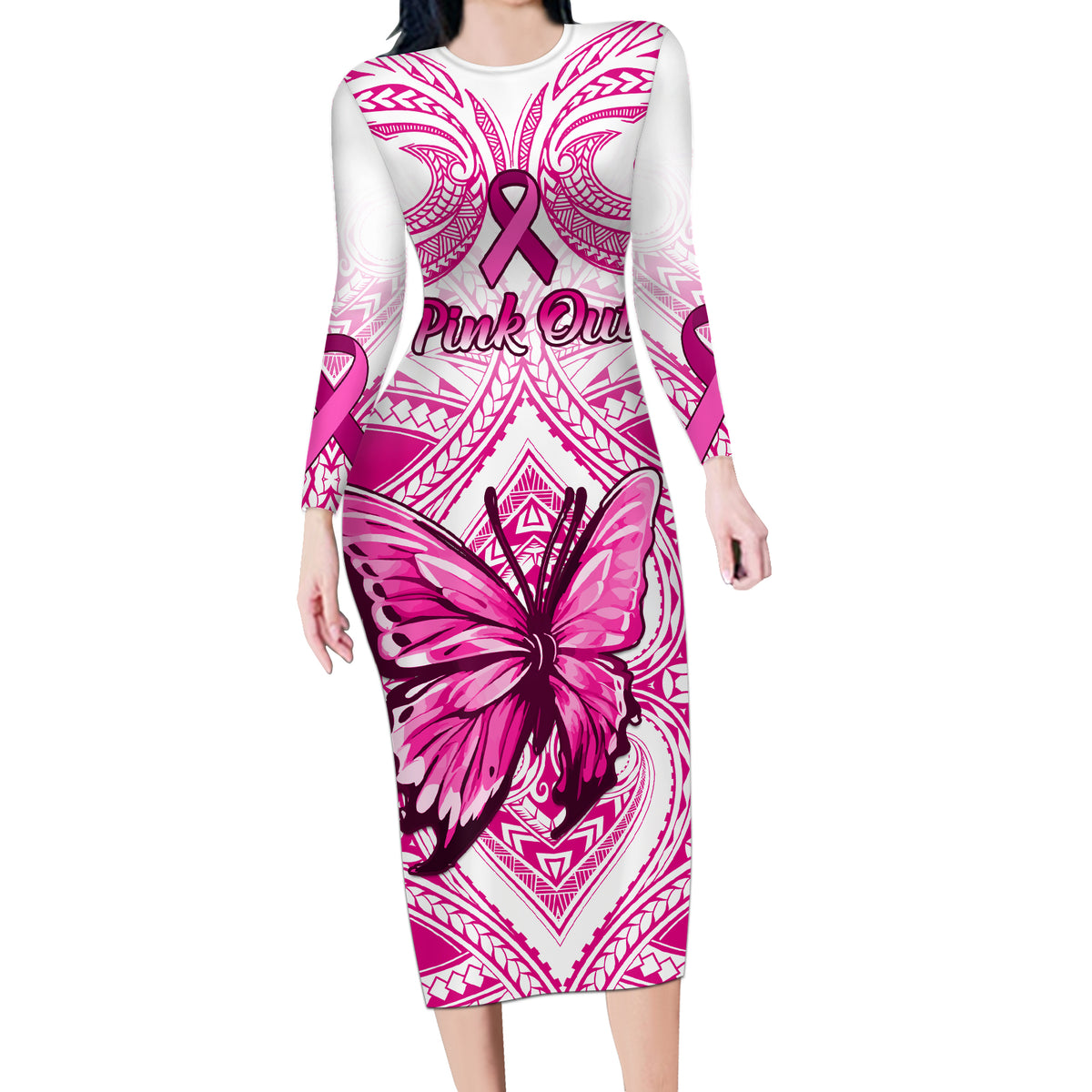 Personalised Pink Out Long Sleeve Bodycon Dress Breast Cancer Awarenes Personalised Pink Out Long Sleeve Bodycon Dress Breast Cancer Awarenes