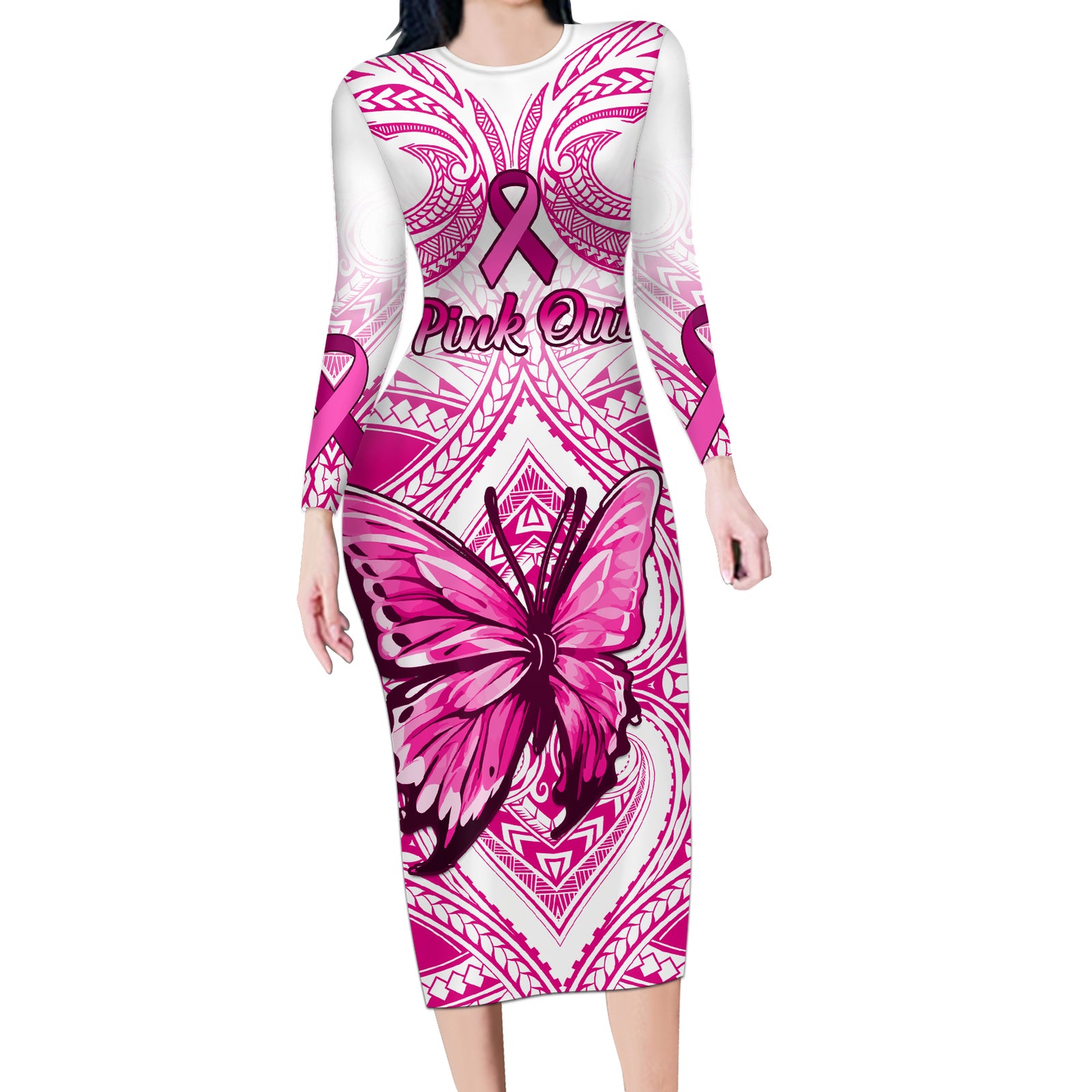 Personalised Pink Out Long Sleeve Bodycon Dress Breast Cancer Awareness Polynesian Pattern White Version LT01 Long Dress White - Polynesian Pride