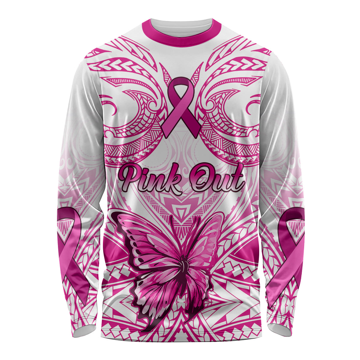 Personalised Pink Out Long Sleeve Shirt Breast Cancer Awareness Polynesian Pattern White Version LT01 Unisex White - Polynesian Pride