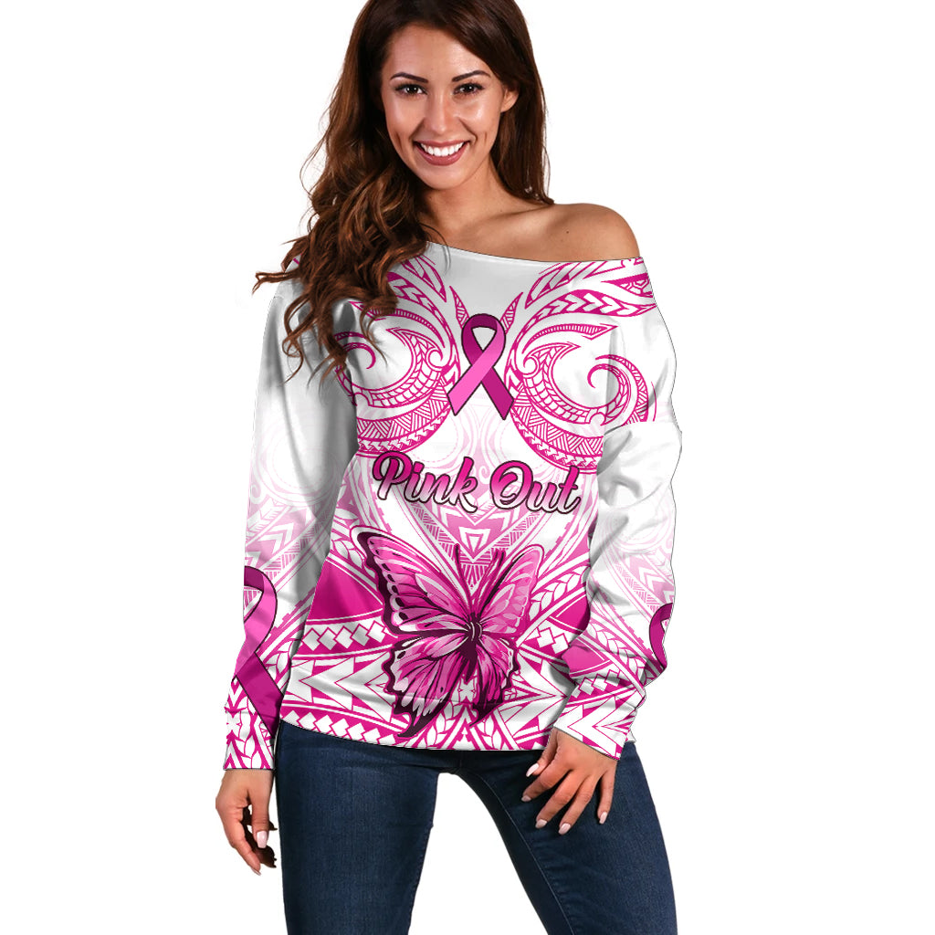 Personalised Pink Out Off Shoulder Sweater Breast Cancer Awareness Polynesian Pattern White Version LT01 Women White - Polynesian Pride