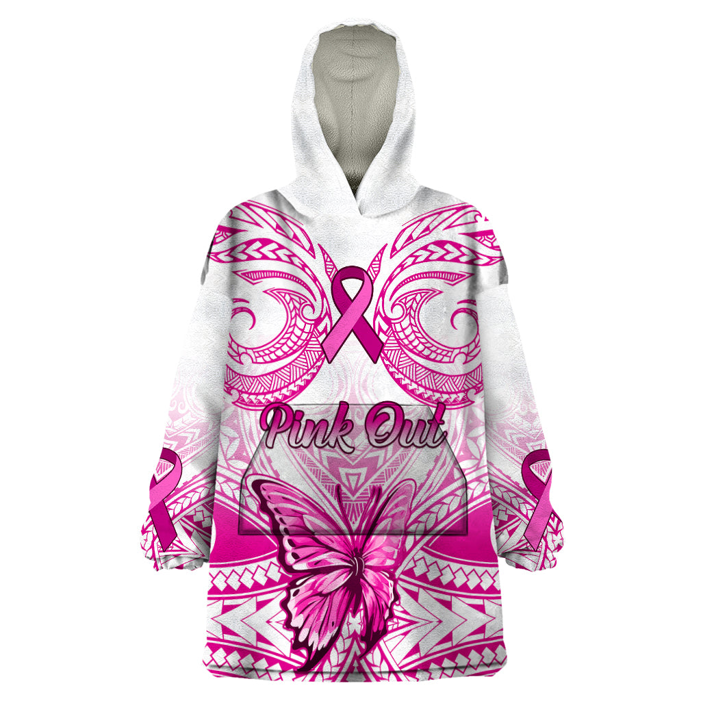 Personalised Pink Out Wearable Blanket Hoodie Breast Cancer Awareness Polynesian Pattern White Version LT01 One Size White - Polynesian Pride
