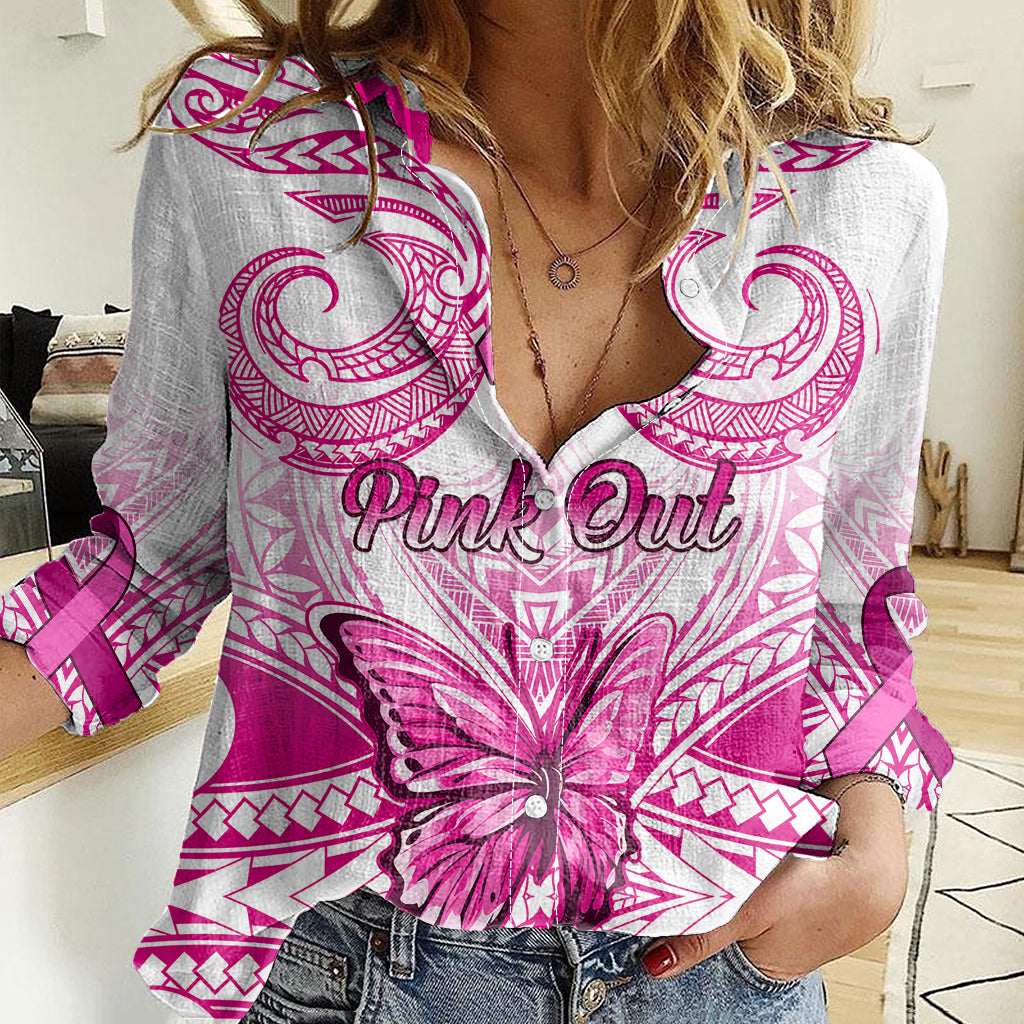 Personalised Pink Out Women Casual Shirt Breast Cancer Awareness Polynesian Pattern White Version LT01 Female White - Polynesian Pride