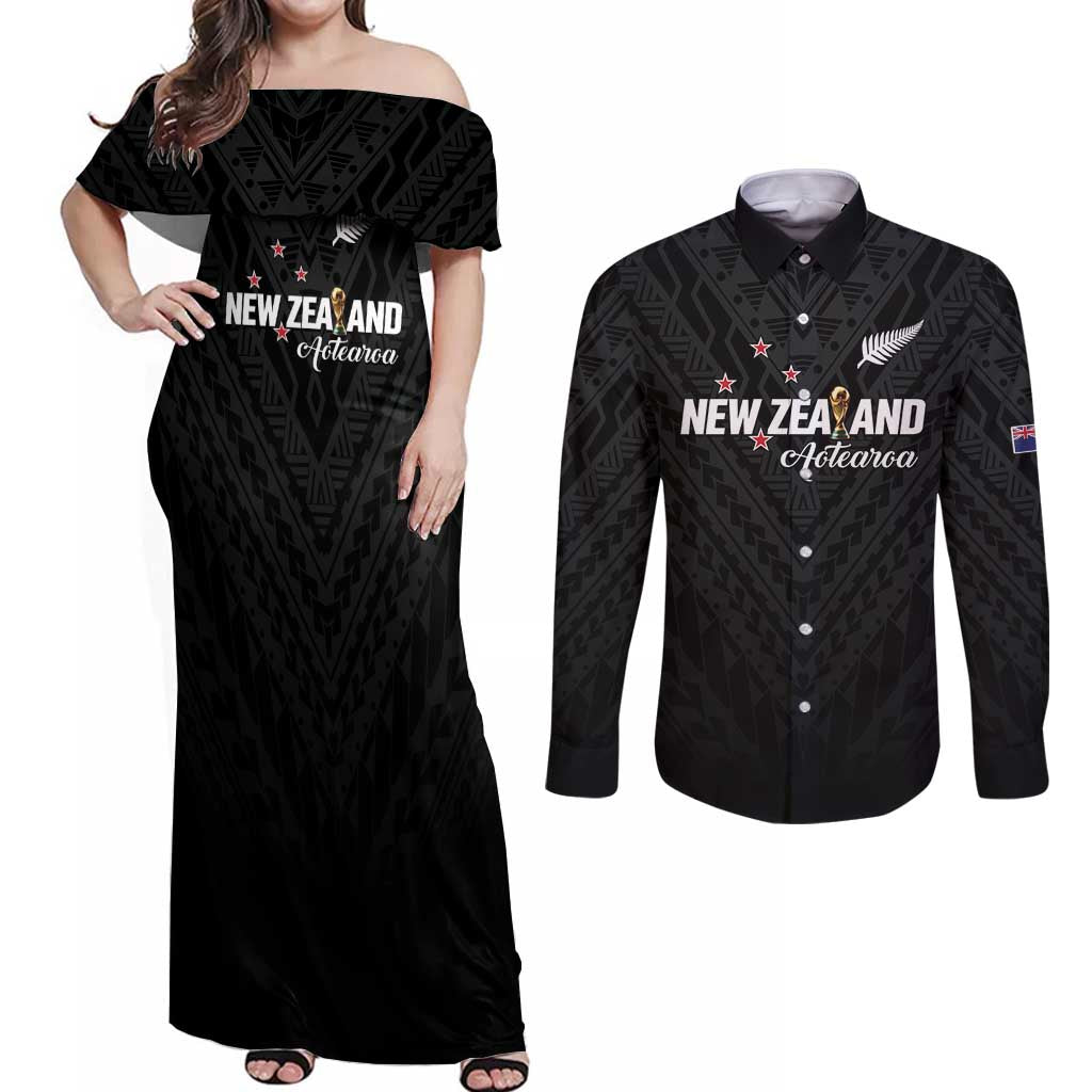 Custom Football New Zealand Couples Matching Off Shoulder Maxi Dress and Long Sleeve Button Shirt Aotearoa United Black Version - Polynesian Pride