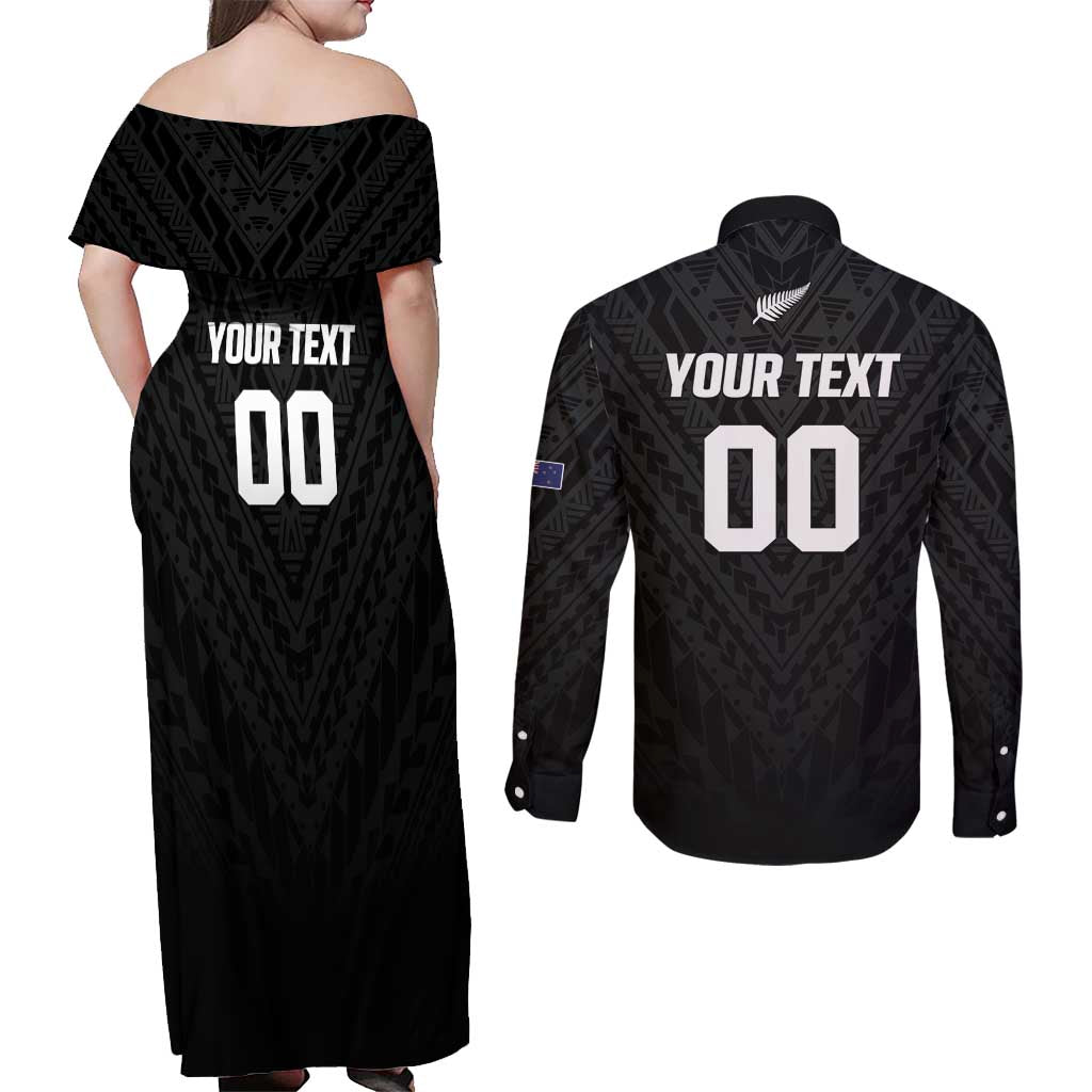 Custom Football New Zealand Couples Matching Off Shoulder Maxi Dress and Long Sleeve Button Shirt Aotearoa United Black Version - Polynesian Pride