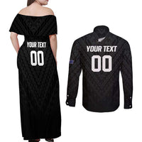 Custom Football New Zealand Couples Matching Off Shoulder Maxi Dress and Long Sleeve Button Shirt Aotearoa United Black Version - Polynesian Pride