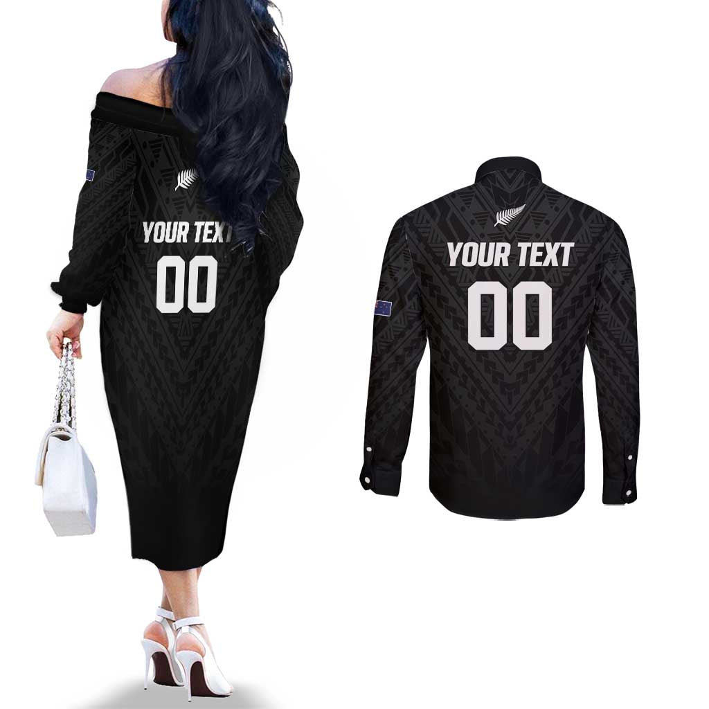 Custom Football New Zealand Couples Matching Off The Shoulder Long Sleeve Dress and Long Sleeve Button Shirt Aotearoa United Black Version - Polynesian Pride