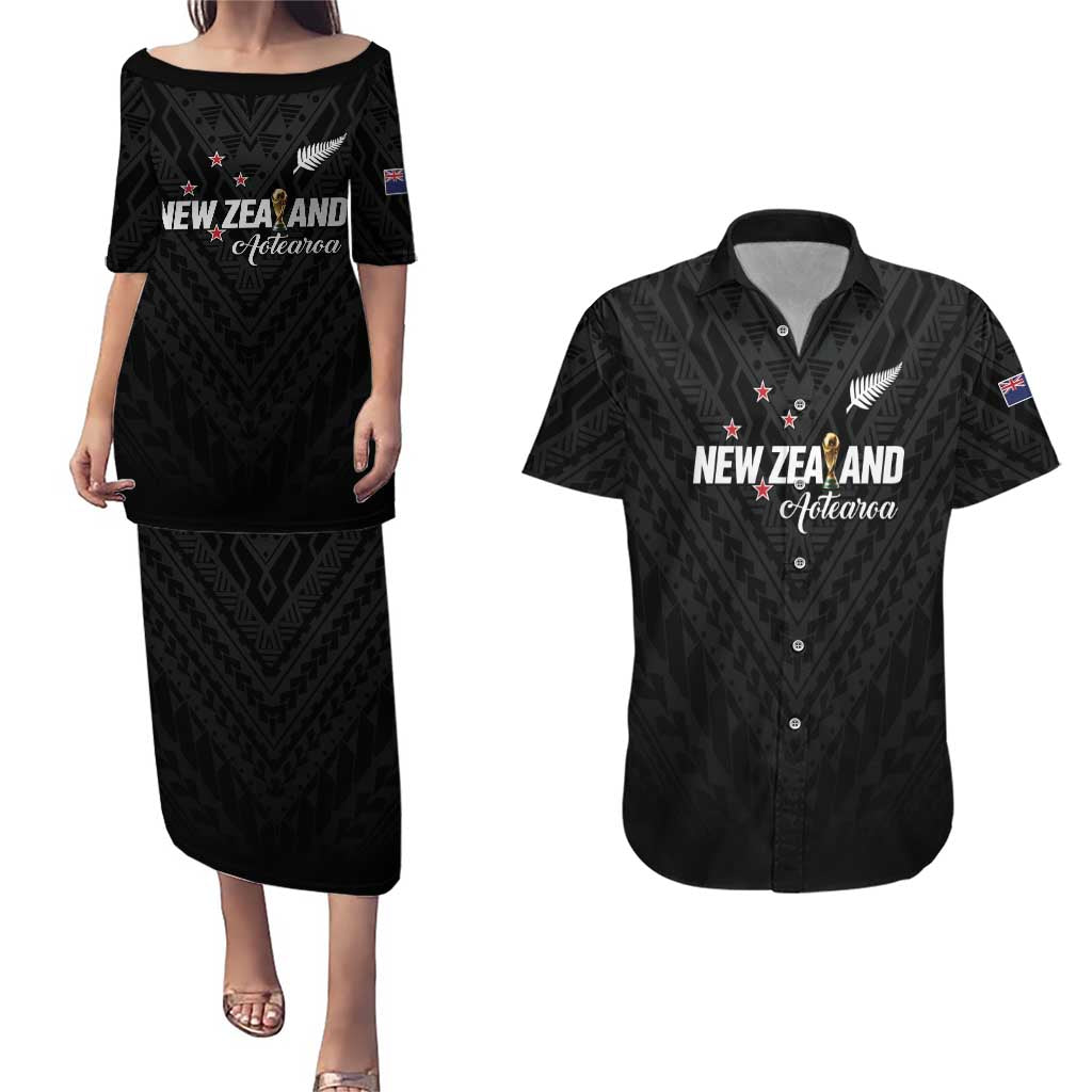 Custom Football New Zealand Couples Matching Puletasi and Hawaiian Shirt Aotearoa United Black Version LT01 Black - Polynesian Pride