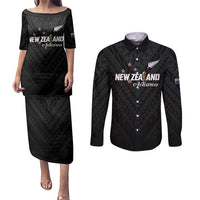 Custom Football New Zealand Couples Matching Puletasi and Long Sleeve Button Shirt Aotearoa United Black Version - Polynesian Pride