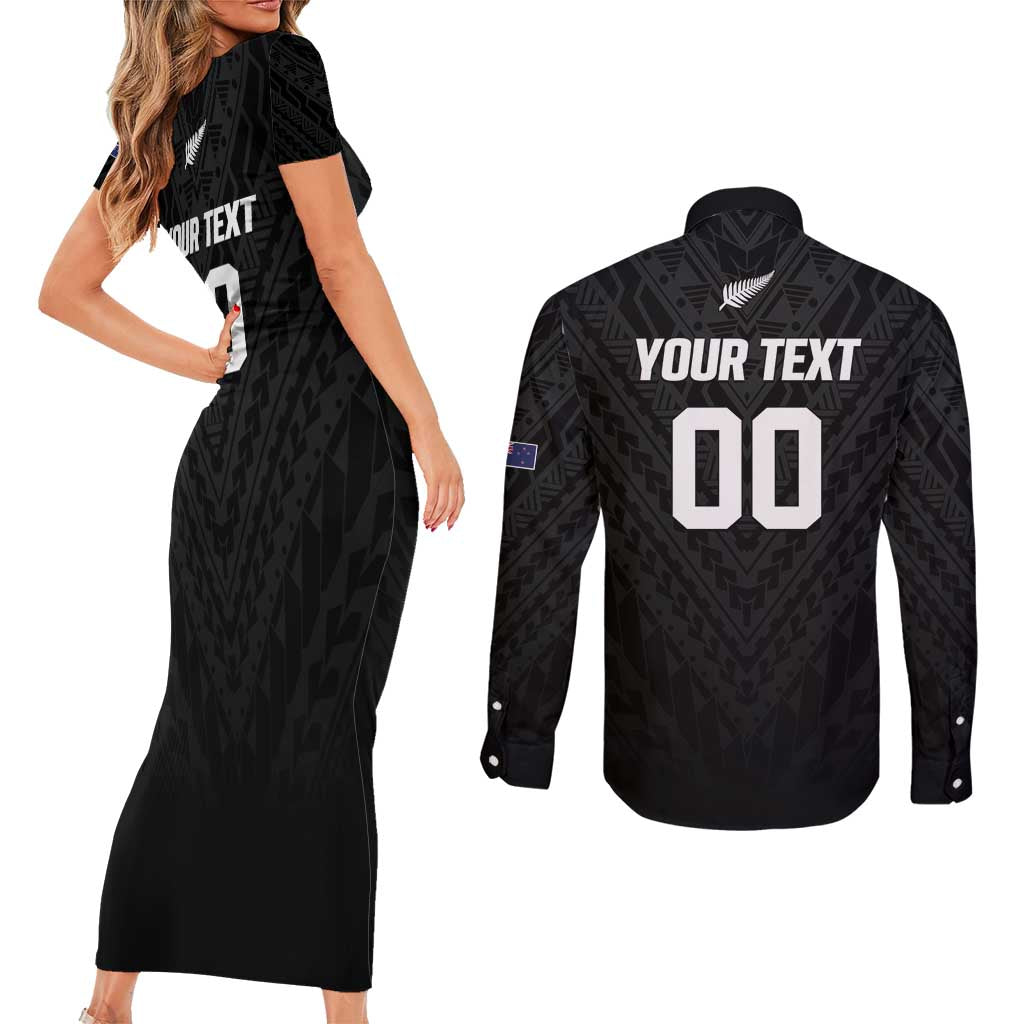 Custom Football New Zealand Couples Matching Short Sleeve Bodycon Dress and Long Sleeve Button Shirt Aotearoa United Black Version - Polynesian Pride