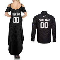Custom Football New Zealand Couples Matching Summer Maxi Dress and Long Sleeve Button Shirt Aotearoa United Black Version - Polynesian Pride