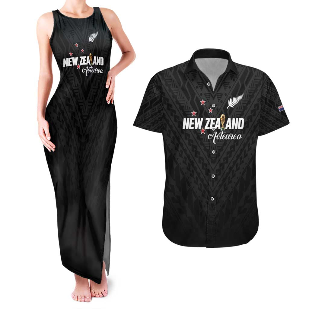 Custom Football New Zealand Couples Matching Tank Maxi Dress and Hawaiian Shirt Aotearoa United Black Version - Polynesian Pride