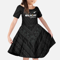 Custom Football New Zealand Family Matching Long Sleeve Bodycon Dress and Hawaiian Shirt Aotearoa United Black Version - Polynesian Pride