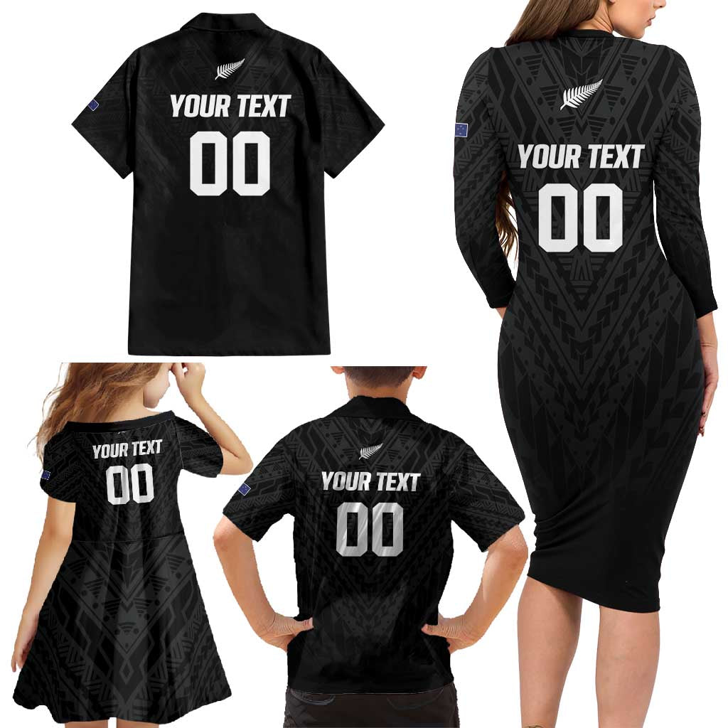 Custom Football New Zealand Family Matching Long Sleeve Bodycon Dress and Hawaiian Shirt Aotearoa United Black Version - Polynesian Pride