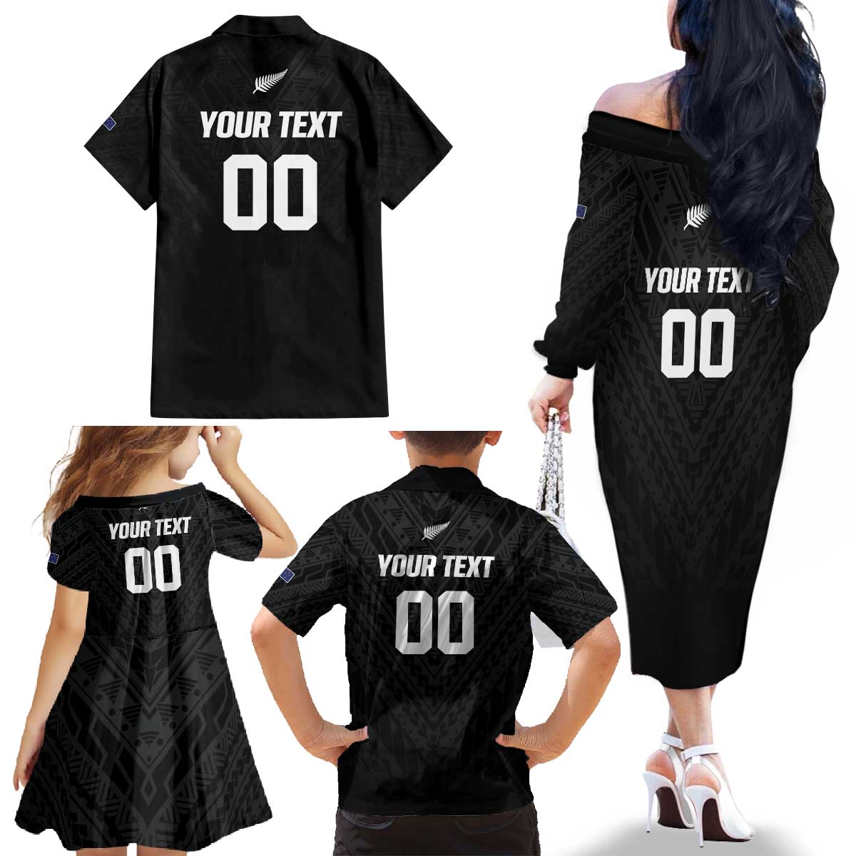 Custom Football New Zealand Family Matching Off The Shoulder Long Sleeve Dress and Hawaiian Shirt Aotearoa United Black Version - Polynesian Pride