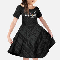 Custom Football New Zealand Family Matching Off Shoulder Maxi Dress and Hawaiian Shirt Aotearoa United Black Version - Polynesian Pride