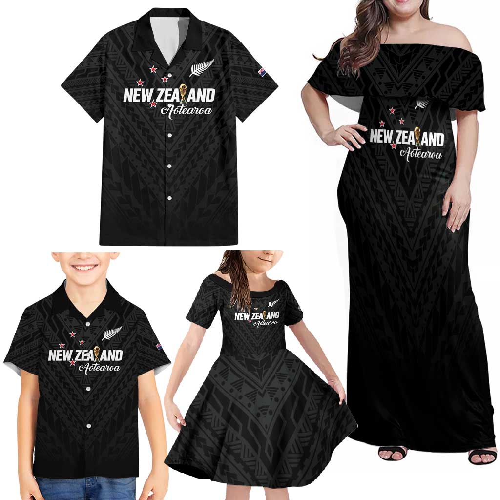Custom Football New Zealand Family Matching Off Shoulder Maxi Dress and Hawaiian Shirt Aotearoa United Black Version - Polynesian Pride