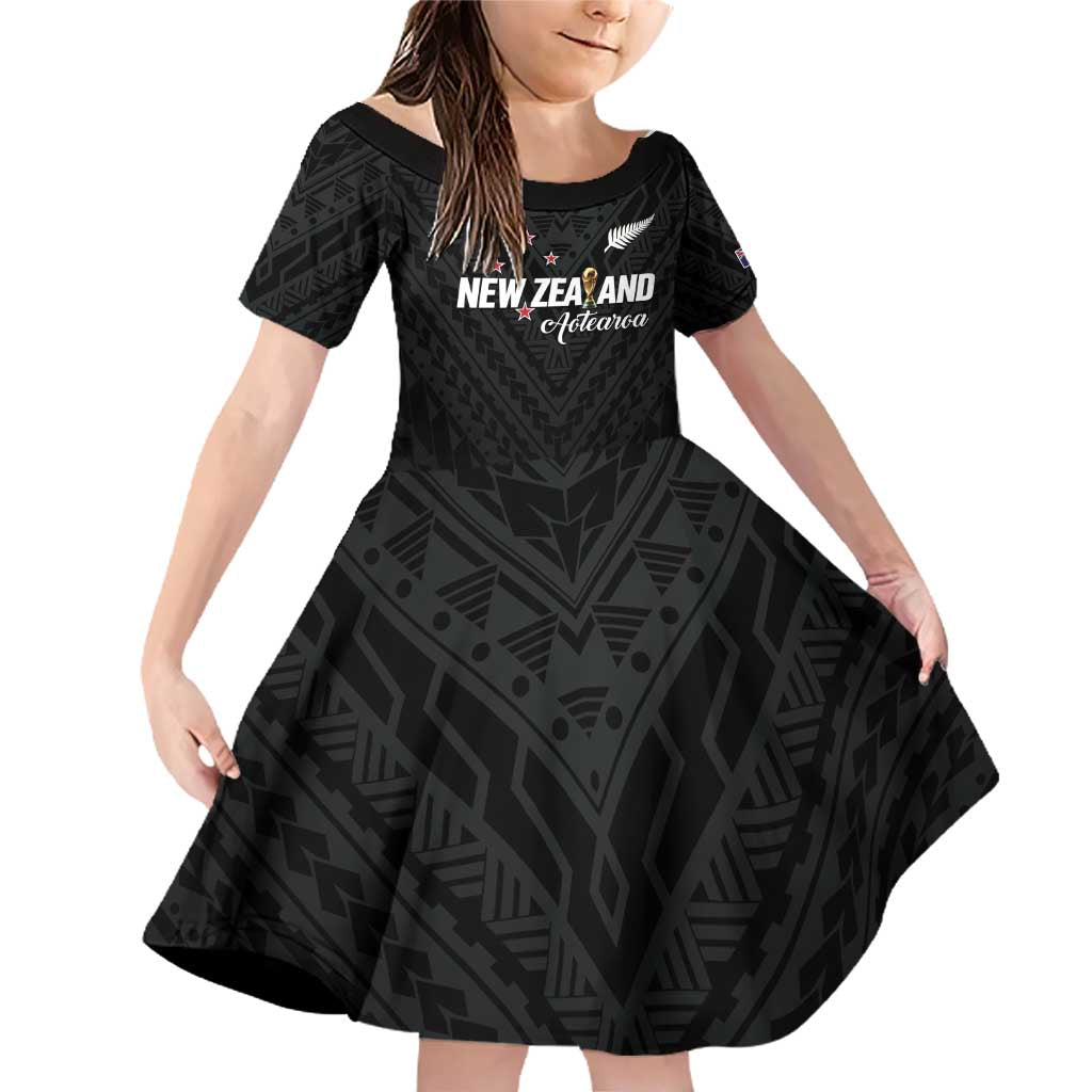 Custom Football New Zealand Family Matching Off Shoulder Short Dress and Hawaiian Shirt Aotearoa United Black Version - Polynesian Pride