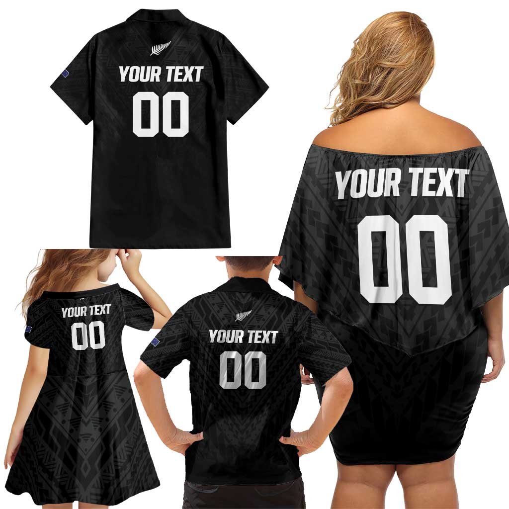 Custom Football New Zealand Family Matching Off Shoulder Short Dress and Hawaiian Shirt Aotearoa United Black Version - Polynesian Pride