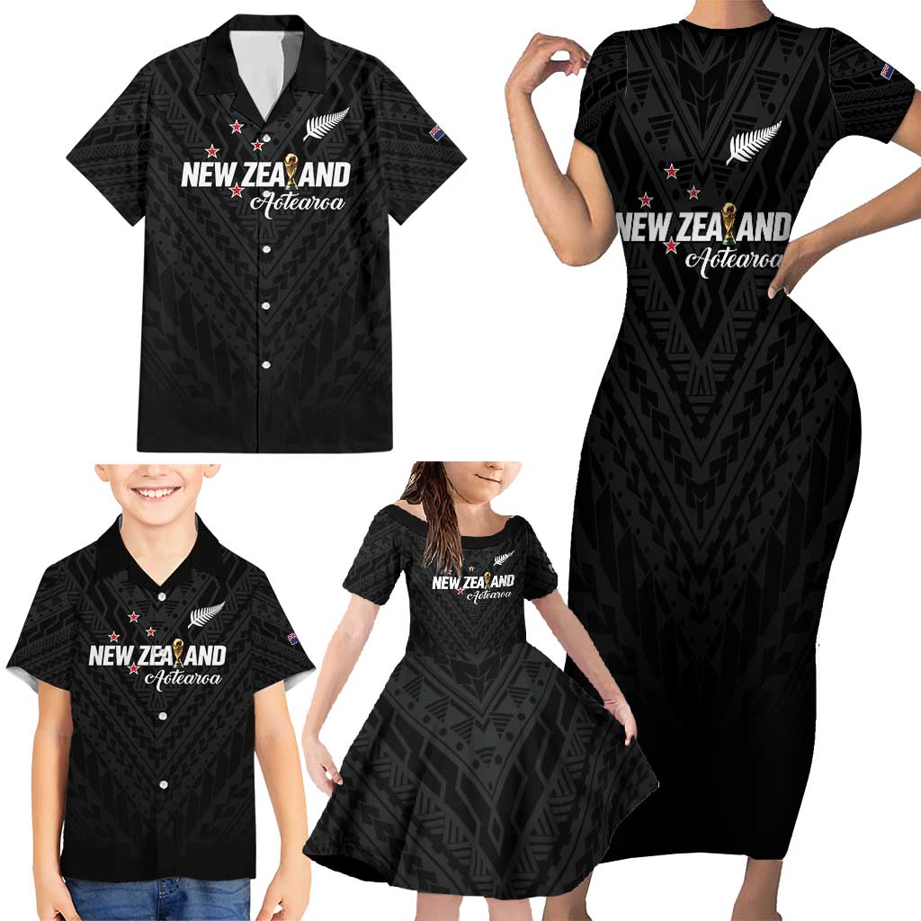 Custom Football New Zealand Family Matching Short Sleeve Bodycon Dress and Hawaiian Shirt Aotearoa United Black Version - Polynesian Pride