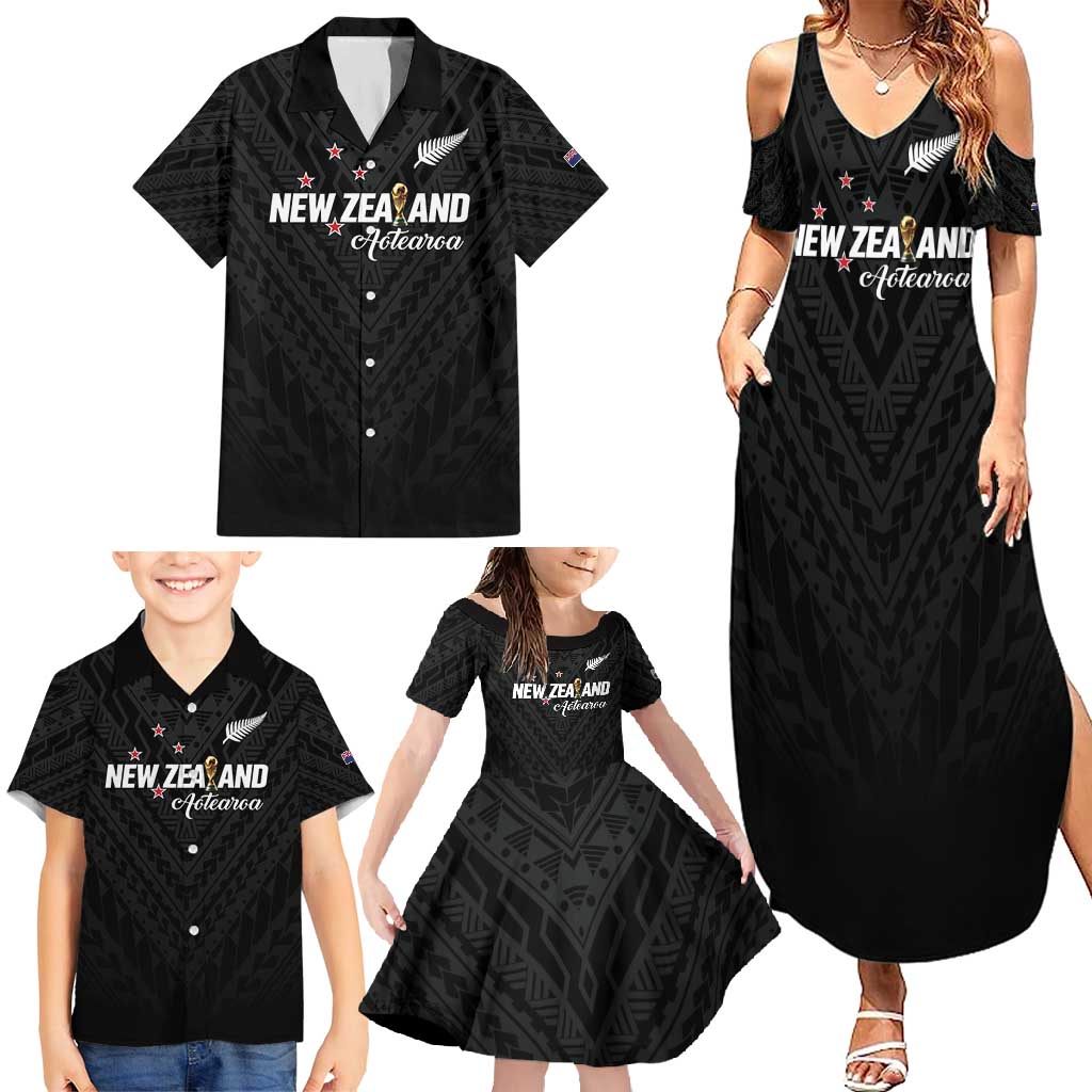 Custom Football New Zealand Family Matching Summer Maxi Dress and Hawaiian Shirt Aotearoa United Black Version - Polynesian Pride