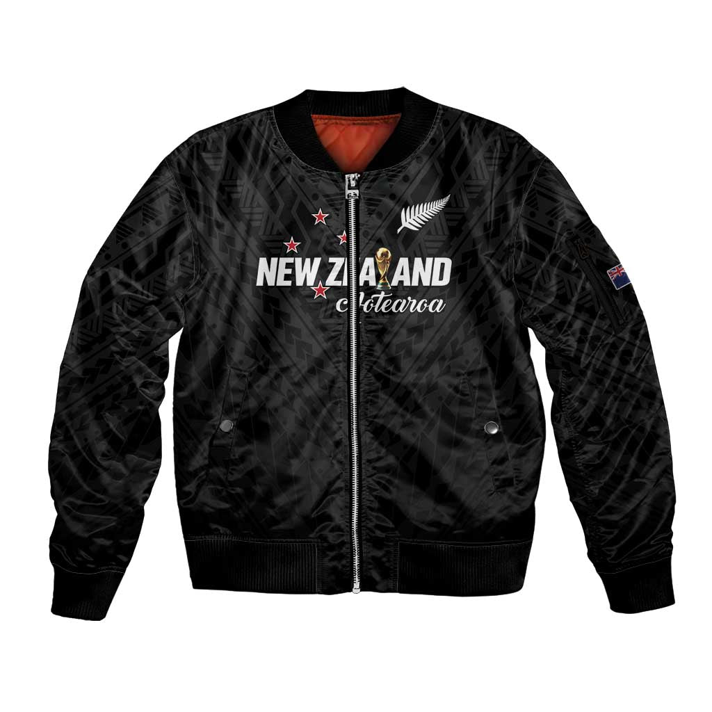 Custom Football New Zealand Sleeve Zip Bomber Jacket Aotearoa United Black Version - Polynesian Pride