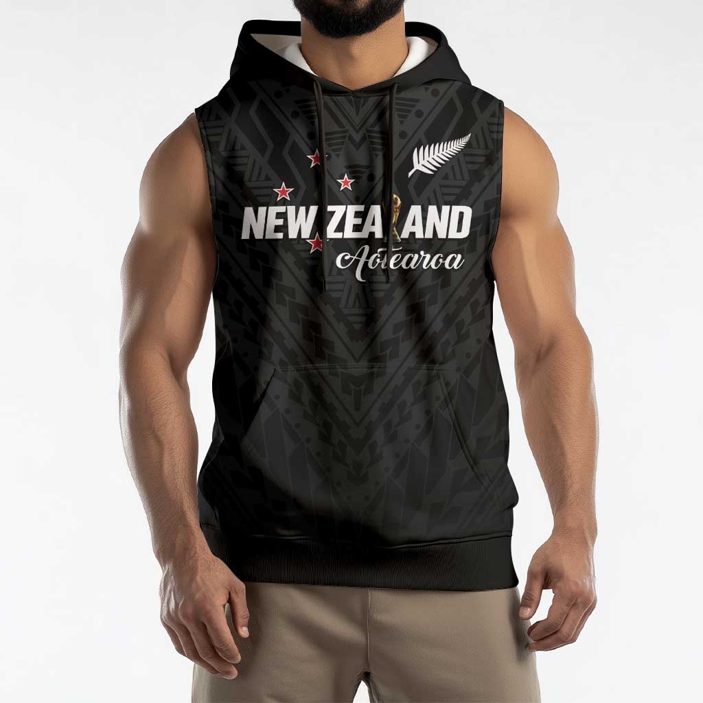 Custom Football New Zealand Sleeveless Hoodie Aotearoa United Black Version - Polynesian Pride