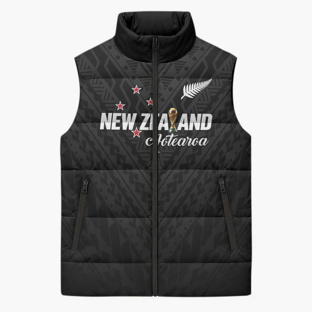Custom Football New Zealand Sleeveless Puffer Jacket Aotearoa United Black Version LT01 Unisex Black - Polynesian Pride
