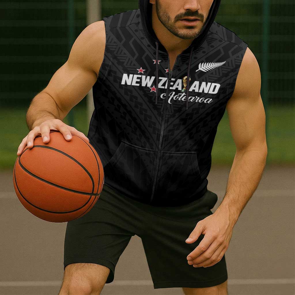 Custom Football New Zealand Sleeveless Zip Hoodie Aotearoa United Black Version - Polynesian Pride