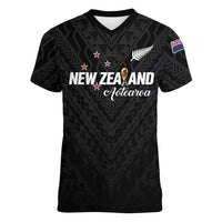 Custom Football New Zealand Women V-Neck T-Shirt Aotearoa United Black Version - Polynesian Pride