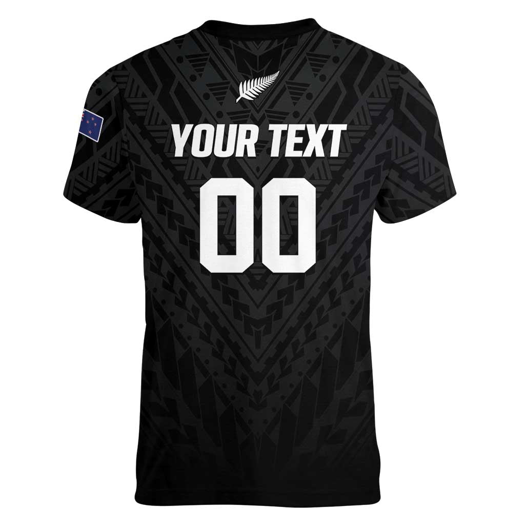 Custom Football New Zealand Women V-Neck T-Shirt Aotearoa United Black Version - Polynesian Pride