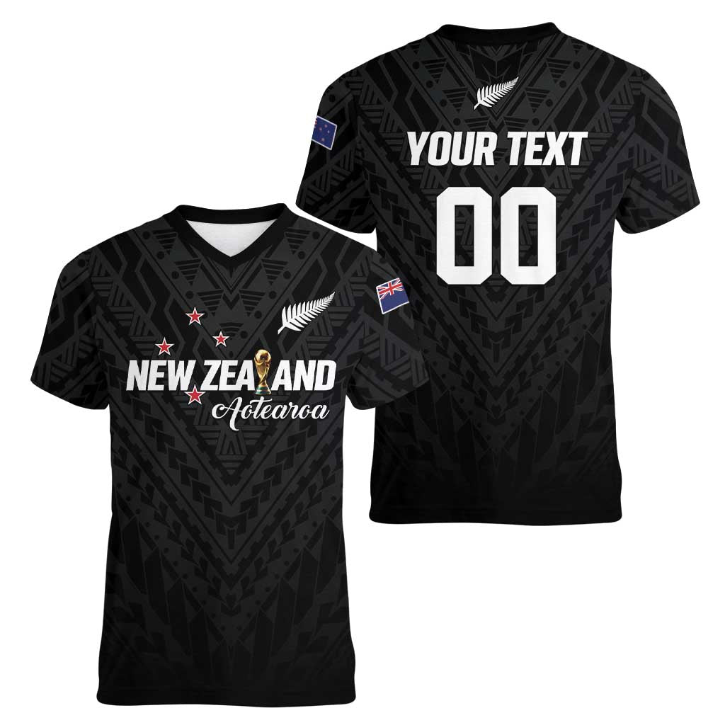 Custom Football New Zealand Women V-Neck T-Shirt Aotearoa United Black Version - Polynesian Pride