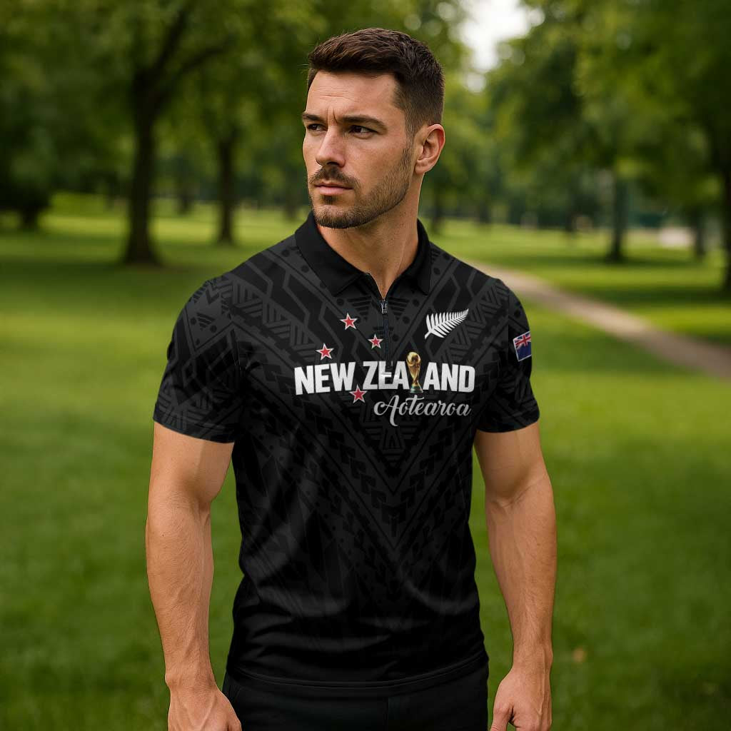 Custom Football New Zealand Zipper Polo Shirt Aotearoa United Black Version - Polynesian Pride
